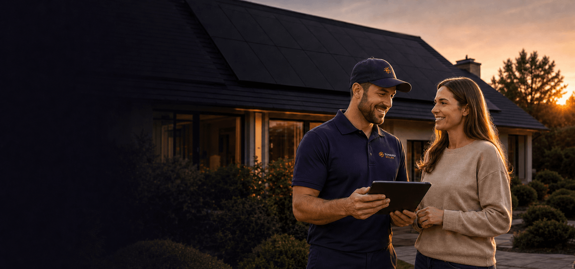 Solar advisor reviewing a tablet with a homeowner outside a solar home