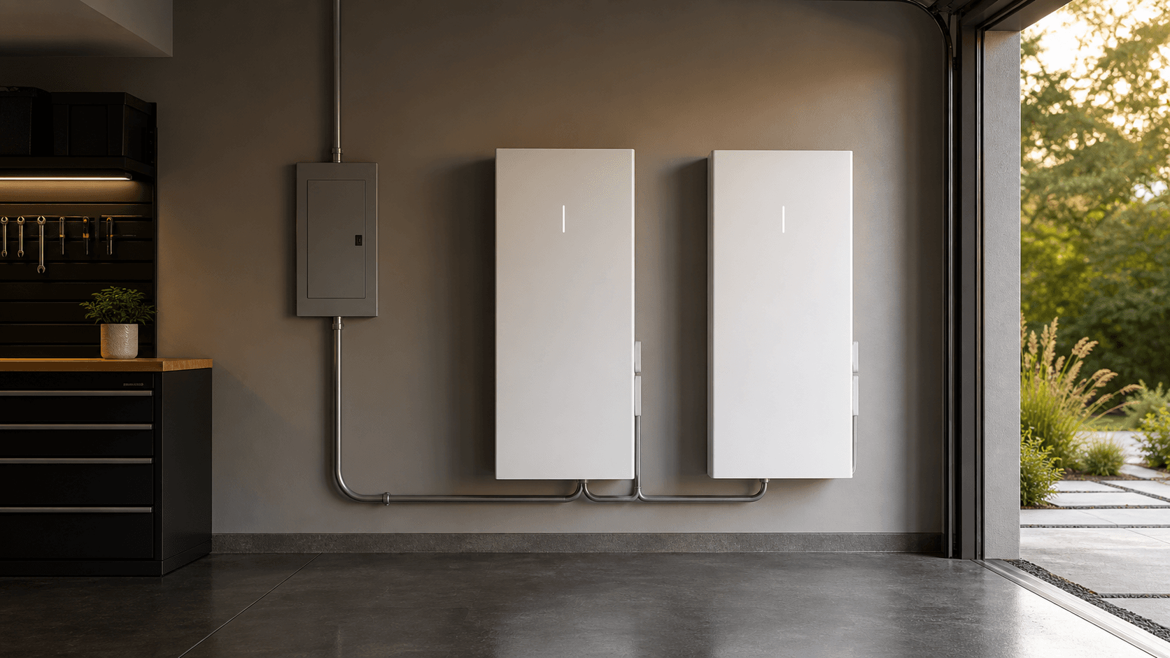 Wall-mounted home battery equipment installed in a clean residential garage