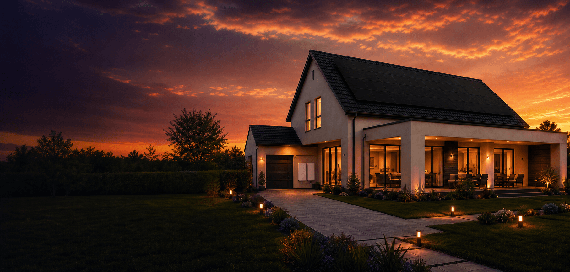 Contemporary solar home with two unbranded white wall batteries beside the garage