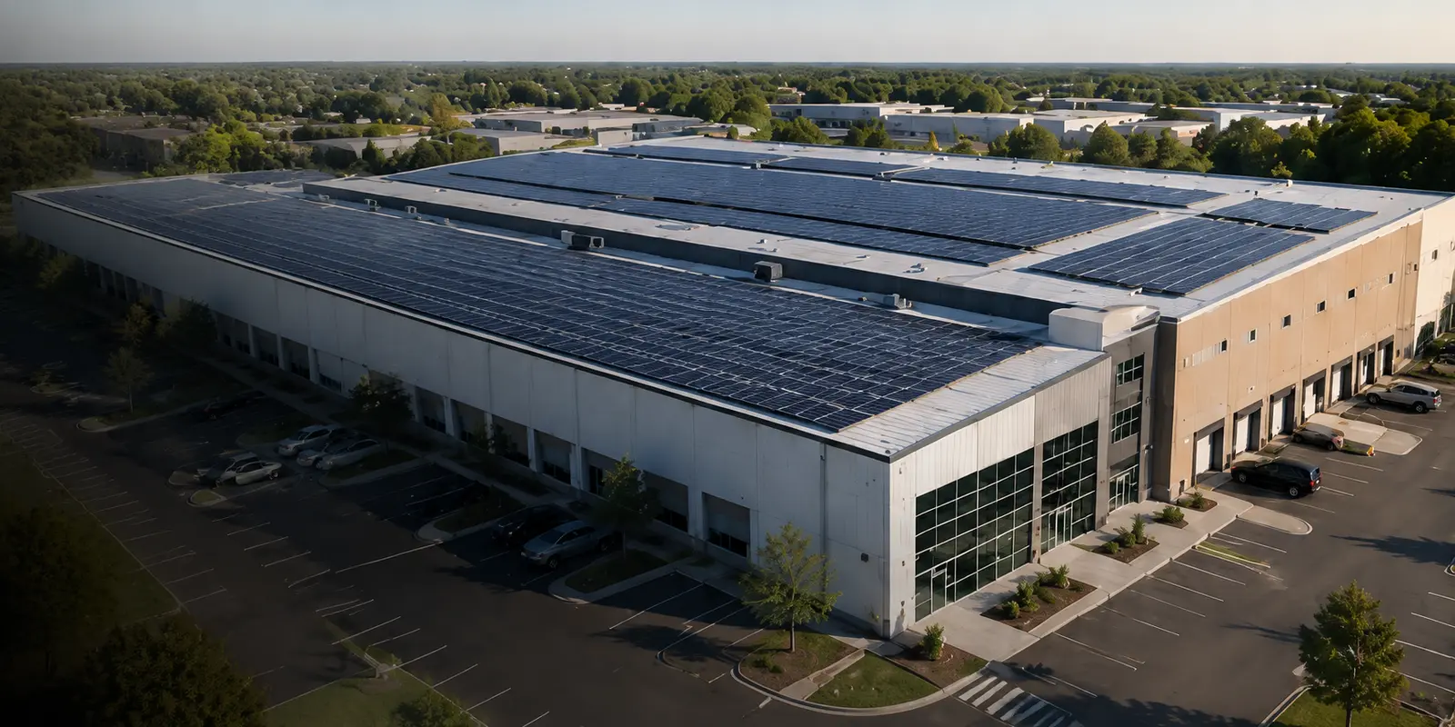 Large commercial building with a rooftop solar array
