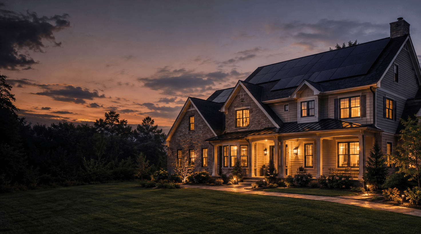 Maryland home with rooftop solar panels at sunset