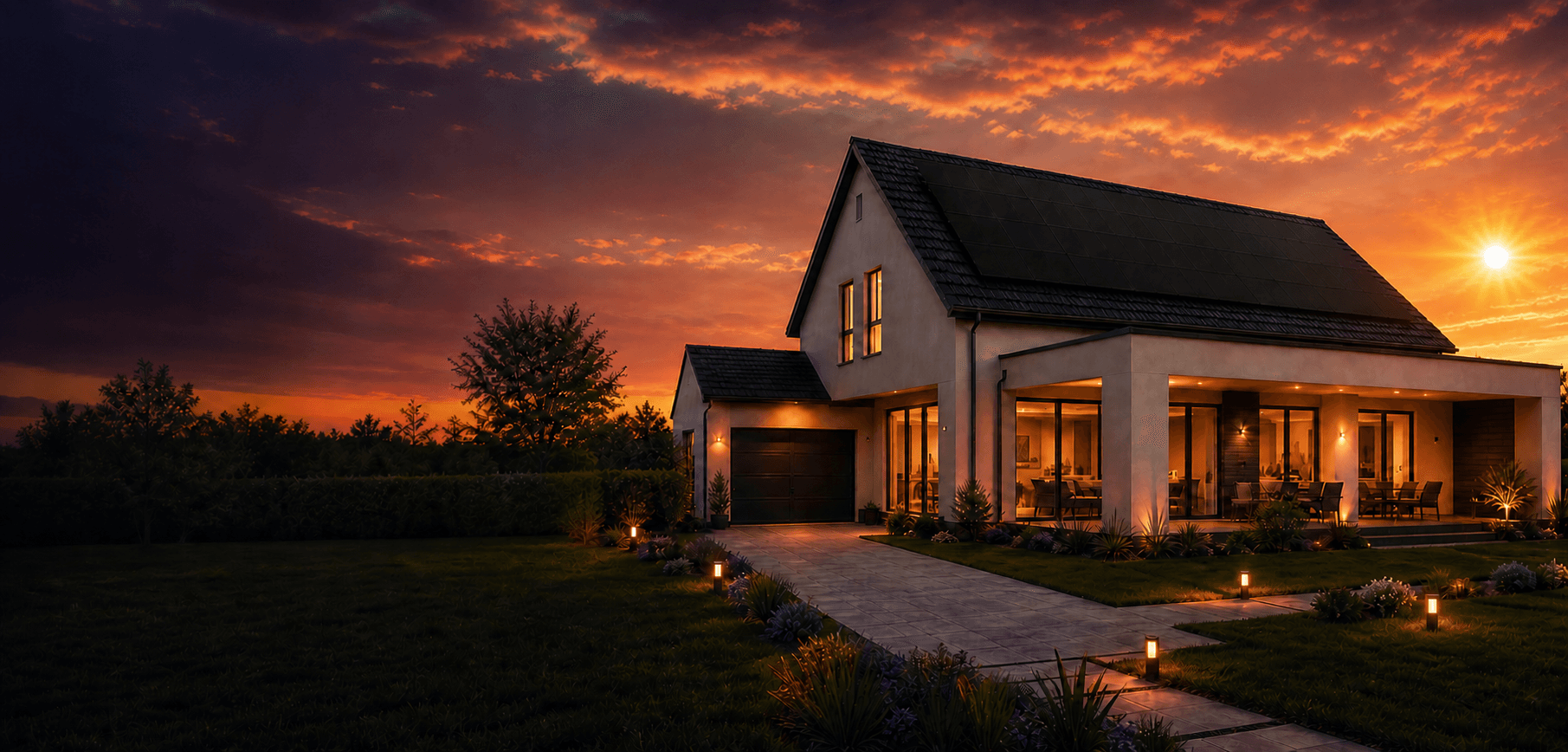Modern home with premium black rooftop solar panels and a natural setting sun