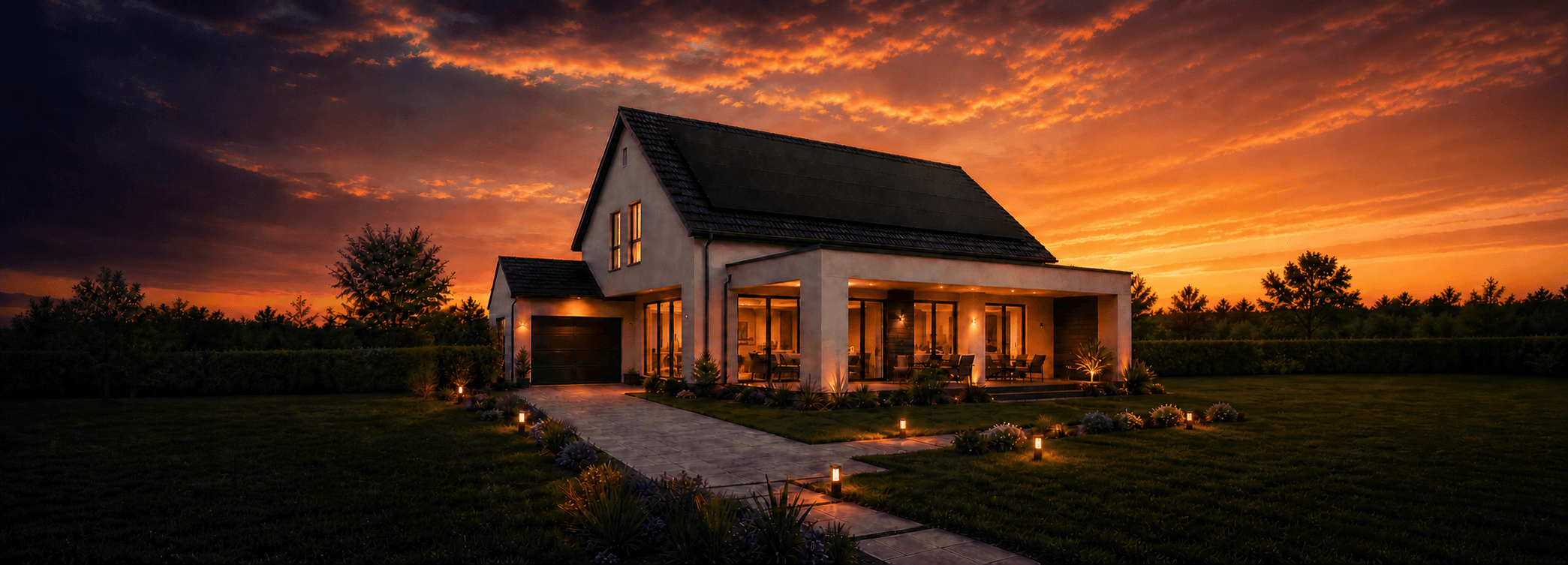 Modern home with premium black rooftop solar panels at sunset