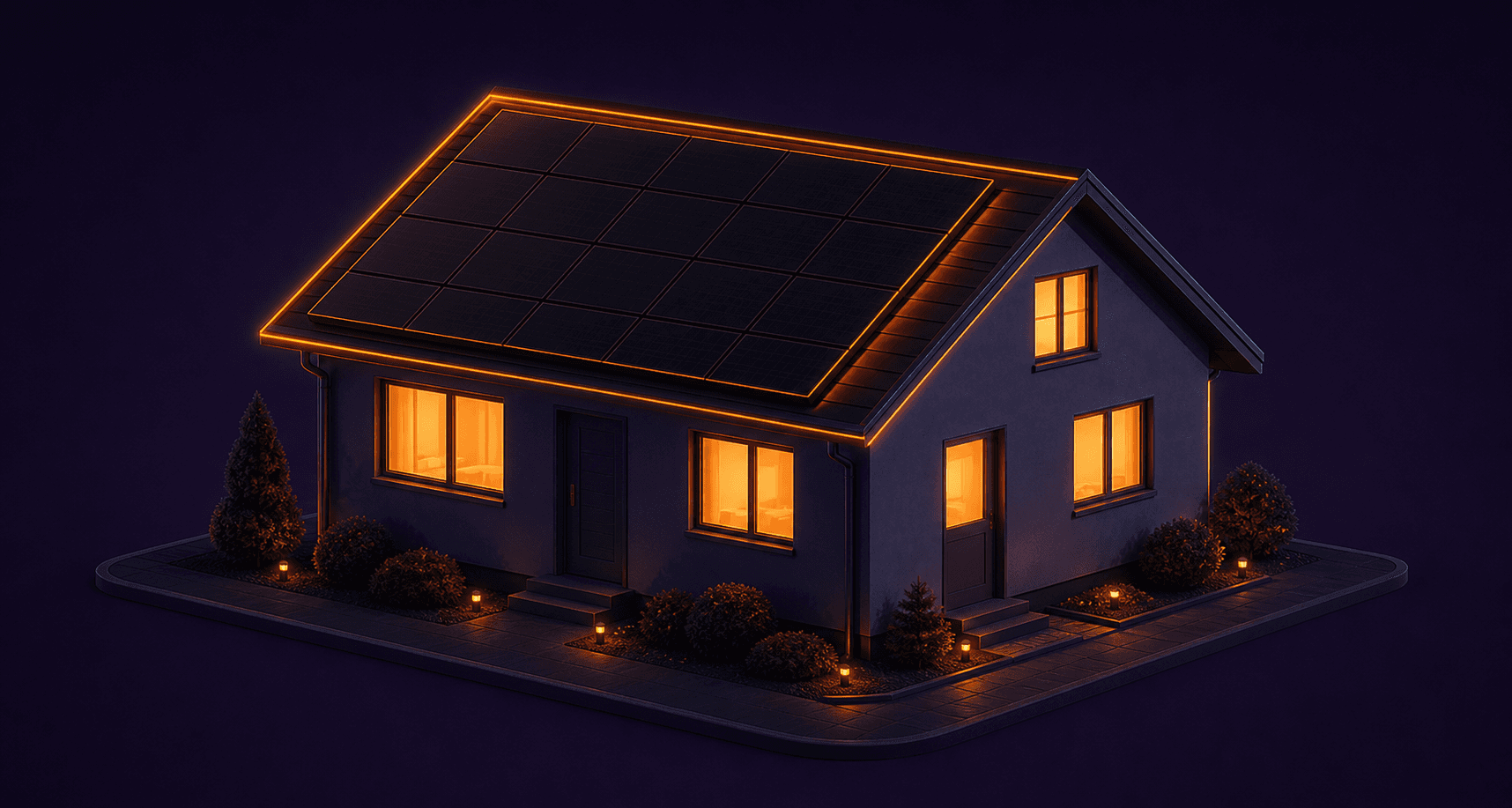 Illustrated home with illuminated windows and premium black rooftop solar panels